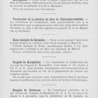 0711 - Page 709 - Nouvelles. Nomination / Récompense / Trentenaire de la création du titre de Chirurgien-dentiste / Ecole dentaire de Marseille / Congrès de Montpellier / Congrès de Bordeaux / Syndicat des chirurgiens-dentistes du Rhône et des régions voisines