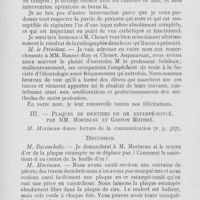 0420 - Page 412 - Sociétés scientifiques. Société d'odontologie de Paris. Séance du 7 novembre 1922. Un cas de restauration fonctionnelle consécutive à une perte de substance étendue du maxillaire inférieur (Avec présentation de malade), par les Drs Bonnet Roy et Chenet / Plaques de dentiers en or estampé-coulé, par MM. Morineau et Gaston Mothré