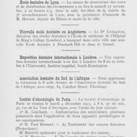 0798 - Page 790 - Nouvelles. Exposition de Strasbourg / Ecole dentaire de Lyon / Nouvelle école dentaire en Angleterre / Exposition dentaire internationale à Londres / Association dentaire du sud de l’Afrique / Société d'odontologie de Paris