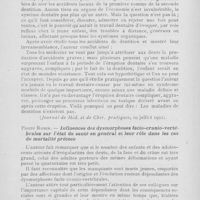 0512 - Page 511 - Revue analytique. J. Comby. — Les maladies de dentition (Journal de Méd. Et de Chir. Pratiques, 10 juillet 1922) / Pierre Robin. — Influences des dysmorphoses facio-cranio-vertébrales sur l'état de santé en général et leur rôle dans les cas de mortalité précoce (Académie de médecine, 12 juin 1923)