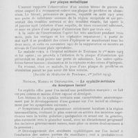 0686 - Page 685 - Revue analytique. M. Gorse. — Résultat éloigné d'un cas de prothèse crânienne par Plaque métallique (Société de Médecine de Toulouse, 1er juillet 1923) / Nicolas, Massia et Dupasquier. — La syphilis tertiaire du bourgeon incisif (Journal de Médecine de Lyon, 5 août 1923)
