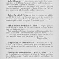 0795 - Page 792 - Nouvelles. Accident professionnel / Légion d’honneur / Diplôme de médecin légiste / Service dentaire automobile au Maroc / Réorganisation des études médicales / Statistique des praticiens de l’art de guérir en Tunisie