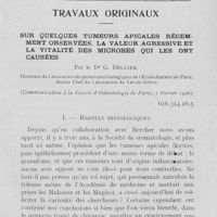 0078 - Page 75 - Travaux originaux. Sur quelques tumeurs apicales récemment observées. La valeur agressivement. La vitalité des microbes qu'ils sont causées par le Dr G. Delater