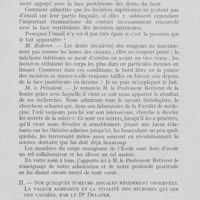 0127 - Page 124 - Sociétés scientifiques. Société d’odontologie de Paris. Réunion du 5 janvier 1926. De la structure et de l’origine de l’émail dans les incisives des rongeurs / Sur quelques tumeurs apicales récemment observées. La valeur agressive et la vitalité des microbes qu'ils ont causées par le Dr Delater