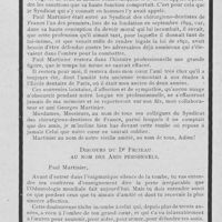 0148 - Page 143 - Nécrologie. Paul Martinier / Discours de M. De Croes au nom du Syndicat des chirurgiens dentistes de France / Discours du Dr Fritrau au nom des amis personnels