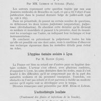 0750 - Page 733 - Réunions et congrès. Congrès de Lyon - Association française pour l’avancement des sciences - Section d’odontologie. 26-31 juillet 1926.. Iv. — Communications. Méthode nouvelle de diagnostic des malpositions dento-maxillo-faciales par le Dr Pont et M. Comte / La couronne en porcelaine dite Jacket par M. Schatzmann / Réunions et congrès. Congrès de Lyon - Association française pour l’avancement des sciences - Section d’odontologie. 26-31 juillet 1926.. Iv. — Communications. La couronne en porcelaine dite Jacket par M. Schatzmann / Pulpectomie et pulpotomie par MM. Lebrun et Sudaka / L'hygiène dentaire scolaire à Lyon par M. Raton / L’actinothéraple localisée par L. -C. Barail