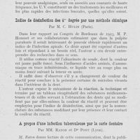 0751 - Page 734 - Réunions et congrès. Congrès de Lyon - Association française pour l’avancement des sciences - Section d’odontologie. 26-31 juillet 1926.. Iv. — Communications. Méthode nouvelle de diagnostic des malpositions dento-maxillo-faciales par le Dr Pont et M. Comte / La couronne en porcelaine dite Jacket par M. Schatzmann / Réunions et congrès. Congrès de Lyon - Association française pour l’avancement des sciences - Section d’odontologie. 26-31 juillet 1926.. Iv. — Communications. La couronne en porcelaine dite Jacket par M. Schatzmann / Pulpectomie et pulpotomie par MM. Lebrun et Sudaka / L'hygiène dentaire scolaire à Lyon par M. Raton / L’actinothéraple localisée par L. -C. Barail / Réunions et congrès. Congrès de Lyon - Association française pour l’avancement des sciences - Section d’odontologie. 26-31 juillet 1926.. Iv. — Communications. L’actinothéraple localisée par L. -C. Barail / Indice de désifection des 4es degrés par une méthode chimique par M. C. Hulin / A propos d'une infection tuberculeuse par la carie dentaire par MM. Raton et Dr Pont