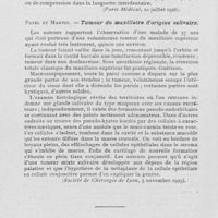 0809 - Page 792 - Revue analytique. Cadenat et Cola. — L'ostéomyélite de la mâchoire supérieure chez L’entant de deux à dix ans / Sociétés scientifiques. Société d’odontologie de Paris. Résumé de la seance / Société de chirurgie. Séance du 20 octobre 1920. Paralysie faciale améliorée par la résection du ganglion cervical supérieur