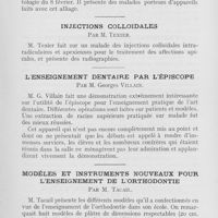 0200 - Page 199 - III démonstrations pratique. Nouveau métal pour appareil par M. Coen / Injections colloïdales par M. Texier / L'enseignement dentaire par L’épiscope par M. Georges villain / Modèles et instruments nouveaux pour l’enseignement de l'orthodontie par M. Tacail