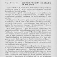 0424 - Page 423 - Bibliographie. Dr W. Dufougeré et Mme Dufougeré. — Emploi des rayons ultra-violets en stomatologie, Doin et C10 éditeurs / Roger Duchange. — L’anesthésie tronculaire des mâchoires par Voie buccale