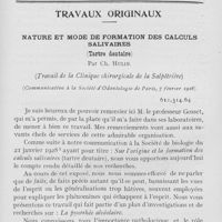 0210 - Page 201 - Travaux originaux. Nature et mode. De formation des calculs salivaires(Tartre dentaire)par Ch. Hulin