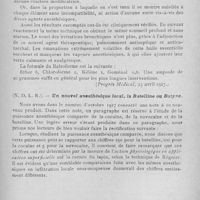 0762 - Page 619 - Revue analytique. Siauve-Evausy. — Mélange balsamique pour l'anesthésie générale « le balso forme » / (N. D. L. R). — Un nouvel anesthésique local, la butelline ou butyne