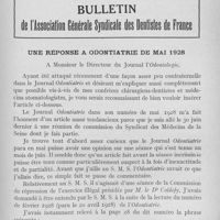 0838 - Page 695 - Bulletin de l'association générale syndicale des dentistes de France. Une réponse à odontiatrie de mai 1928