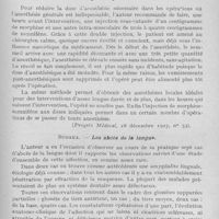 0880 - Page 737 - Revue analytique. A. Aimes. — Pour réduire la dose d'anesthésique dans les anesthésies chirurgicales générales / Sudaka. - Les abcès de la langue