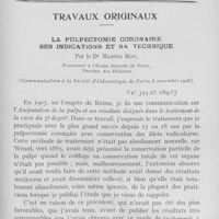 0924 - Page sans numérotation - Travaux originaux. La pulpectoimie coronaire ses indications et sa technique par le Dr Maurice Roy
