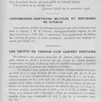 0978 - Page 835 - Intérêts professionnels. Allocation d'indemnités aux médecins,pharmaciens et dentistes de l'institution nationale des invalides / Chirurgiens-dentistes mutilés et réformés de guerre / Les droits de cession d'un cabinet dentaire