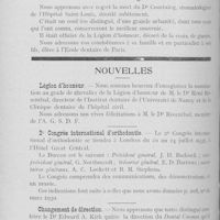 0411 - Page 402 - Nécrologie. Dr Coustaing / Nouvelles. Légion d’honneur / 2e congrès international d’orthodontie / Changement de direction / Pour les inondés du Midi