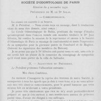 0914 - Page 895 - Sociétés scientifiques. Société d’odontologie de Paris. Reunion du 4 novembre 1930. Correspondance / Allocution du président