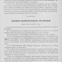 0928 - Page 909 - Sociétés scientifiques. Société d’odontologie de Paris. Séance du 2 décembre 1930. 3. Communication de M. R. Fraenkel / 4. Communication du Dr Pierre Rosenthal / Société odontologique de France. Séance du 28 octobre 1930