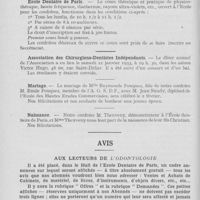 0071 - Page 64 - Nouvelles. Ecole Dentaire de Paris / Association des Chirurgiens-Dentistes indépendants / Mariage / Naissance / Avis