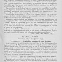 0118 - Page 109 - Revue analytique. Monod (R ). — L’anesthésie en pratique chirurgicale. (Edité à Paris, chez Masson, 1931) / Dental Cosmos. — Résumé des articles du septembre 1932. J. Appermann. — Métabolisme calcaire et carie dentaire / H. John Sedwick. — Une voie anatomique pour l’injection intra-orbitale / Ch. De Witt Deyton, John W. Wilson, Earl A. Zaus. — Emploi clinique de la nupercaïne comme anesthésique local