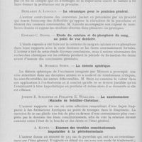 0119 - Page 110 - Revue analytique. Dental Cosmos. — Résumé des articles du septembre 1932. Ch. De Witt Deyton, John W. Wilson, Earl A. Zaus. — Emploi clinique de la nupercaïne comme anesthésique local / Benjamin A. Lincoln. — La céramique pour le praticien général / Edward C. Dobbs. — Etude du calcium et du phosphore du sang, au point de vue dentaire / M. Russell Stein. — La théorie sphérique / Joseph E. Schaefer et Philippe E. Williams. — La xanthomatose (Maladie de Schüller-Christian) / A. Kuntz. — Examen des troubles constitutionnels imputables à la périodontoclasie / William T. Sherman. — Troubles oculaires d’origine dentaire