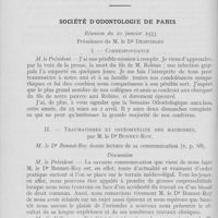 0121 - Page 112 - Sociétés scientifiques. Société d'odontologie de Paris. Réunion du 10 janvier 1933. Correspondance / Traumatismes et ostéomyélite des mâchoires, par M. Le Dr Bonnet-Roy