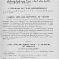 0136 - Page 127 - Réunions et congrès. Programme provisoire / Fédération dentaire internationale / Congrès dentaire centennal de Chicago / Association française pour l’avancement des sciences - Congrès de Chambéry