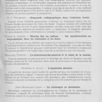 0195 - Page 187 - Revue analytique. Le dental cosmos - Résumé des articles de Novembre 1932. William E. Thomson, jeun. — Observations sur la méthode de Keilty pour le traitement de la gingivite / M. D. Wolfsohn. — Diagnostic radiographique dans l’infection focale / Morris A. Zimmer. — Nécrose due au radium. — Ses manifestations ra-diographiques dans les mâchoires et les dents / Benjamin Tishler. — La stimulation des gencives et la santé de la bouche / Frédéric L. Patry. — L’hygiéniste dentaire / John Burkhardt jeune. — La céramique en dentisterie