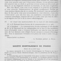 0520 - Page 500 - Sociétés scientifiques. Société d’odontologie de Paris. Réunion du 2 mai 1933. Les formes cliniques de la pyorrhée alvéolaire, par M. Le Dr Roy / Société odontologique de France. Séance du 25 avril 1933
