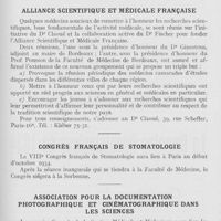 0727 - Page 705 - Réunions et congrès. Alliance scientifique et médicale française / Congrès français de stomatologie / Association pour la documentation photographique et cinématographique dans les sciences