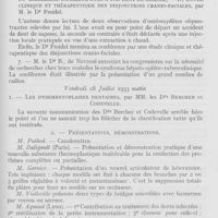 0799 - Page 777 - Réunions et congrès. Association française pour l'avancement des sciences congrès de Chambéry 24-28 juillet 1933. mercredi 26 juillet 1933. Etat actuel de la prothèse chirurgicale des maxillaires. Prothèse du larynx. Présentation d'un nouvel appareil, par M. Le Dr Pont / considérations sur deux cas d’ostéomyélites sequestrantes du maxillaire inférieur dues à une dent de sagesse, — Étude clinique et thérapeutique des disjonctions cranio-faciales, par M. Le Dr Freidel / Vendredi 28 Juillet 1933 matin. Les dysembryoplasies dentaires, par MM. Les Drs Bercher et codevelle / Samedi 29 juillet 1933