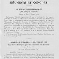 0140 - Page 133 - Réunions et congrès. La semaine odontologique (49e congrès dentaire). Paris 31 mars-7 avril 1935 / Association française pour l’avancement des sciences section d’odontologie (14e). Congrès de Nantes, 21-28 juillet 1935