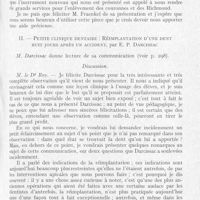 0328 - Page 319 - Sociétés scientifiques. Société d’odontologie de Paris. Séance du 5 mars 1935. L’exocoiffe (Instrument à enlever les couronnes et les dents à pivot), par Roger Fraenkel / Petite clinique dentaire : réimplantation d’une dent huit jours après un accident, par E. P. Darcissac