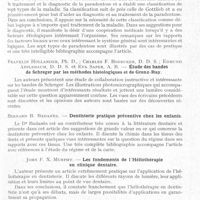 0610 - Page 597 - Revue analytique. Le Dental Cosmos - (Résumé des articles du numéro de décembre 1934). Raoul H. Blanquie. — Le traitement de l'infection de Vincent / Le Dental Cosmos - (Résumé des articles du numéro de janvier 1935). Paul J. Boyens. — Facteurs étiologiques dans divers types de paradentose / Franklin Hollander ; charles F. Bodecker ; Edmund Applebaum et Eva Saper. — Étude des bandes de Schreger par les méthodes histologiques et De grenz-Ray / Bernard B. Badanès. — Dentisterie pratique préventive chez les enfants / John F. Murphy. — Les fondements de l'Héliothérapie en clinique dentaire / Léon J. Brodsky. — Un nouveau fait en céramique