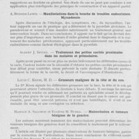 0611 - Page 598 - Revue analytique. Le Dental Cosmos - (Résumé des articles du numéro de janvier 1935). Léon J. Brodsky. — Un nouveau fait en céramique / Jacob R. Schwartz. — Facteurs déterminant le choix du type de restauration / A. Budner Lewis. — Manifestations dans la bouche de troubles endocriniens myxoedemie / Albert J. Irving. — Traitement des petites cavités proximales dans les molaires et prémolaires / Louis C. Kress — Grosseurs malignes de la tête et du cou / Harold A. Salomon et Eugène M. Burke. — Malocclusion et tumeurs bénignes de la gencive / Dr L. T. Kaushansky. — Étiologie de la dénommée pyorrhée alvéolaire. Influence du régime sur le métabolisme minéral