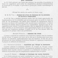 0612 - Page 599 - Revue analytique. Le Dental Cosmos - (Résumé des articles du numéro de janvier 1935). Dr L. T. Kaushansky. — Étiologie de la dénommée pyorrhée alvéolaire. Influence du régime sur le métabolisme minéral / Bennett A. Field. — Précautions dans l’anesthésie au protoxyde d’azote pour l’extraction / Le Dental Cosmos - (Résumé des articles du numéro de février 1935). M. M. De Van. — Analyse de la force de résistance de l'os alvéolaire en vue de sa conservation / Mathew Podolin. — Infection des lèvres / S. L. Drummond-Jackson. — Anesthésie par L'Evipal en dentisterie / Joseph D. Berke. — Etiologie et histologie des tartres dentaires / Elmer Greenstone. — Considérations sur le traitement des femmes enceintes