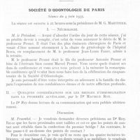 0614 - Page 601 - Sociétés scientifiques. Société d'odontologie de Paris. Séance du 4 juin 1935. Nécrologie (M. Le professeur Proust) / Quelques considérations sur les bridges d'immobilisation dans la pyorrhée alvéolaire, par le Dr Maurice Roy