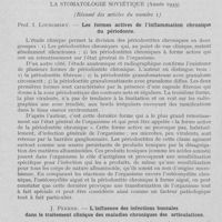 0733 - Page 714 - Revue analytique. La stomatologie soviétique - (Année 1935) (Résumé des articles du numéro 1). Prof. Loukomsky. — Les formes actives de l’inflammation chronique du périodonte / J. Pekker. — L’influence des infections buccales dans le traitement clinique des maladies chroniques des articulations
