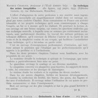 0824 - Page 803 - Bibliographie. Maurice Charlier. — La technique des aciers inoxydables. — 1935. (Editeurs Goosens, Bruxelles) / Dr Lucien de Coster. — Orthodontie à base d’acier. — 1935 (Editeurs Masson et C°, Paris)