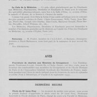 0905 - Page 884 - Nouvelles. Nomination / Le Gala de la Médecine / Naissance / Avis / Dernière heure. Décès du Dr Léon Frey [Nécrologie]