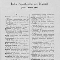 0906 - Page 885 - Dernière heure. Décès du Dr Léon Frey [Nécrologie] / Index Alphabétique des Matières pour l’Année 1935