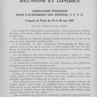 0076 - Page 75 - Réunions et congrès. Association française pour l'avancement des sciences. Congrès de Paris du 18 au 22 mai 1937