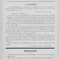 0078 - Page sans numérotation - Bulletin de l'Association Générale des Dentistes de France. La patente / Nécrologie. Mme B. Savona