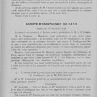 0129 - Page 128 - Sociétés scientifiques. Société d'odontologie de Paris. Séance du 3 novembre 1936. La syndesmotomie intégrale, par le Dr P. D. Bernard / Société d'odontologie de Paris. Séance du 1er décembre 1936. L’ozone dans la pratique dentaire. Son action réflexe et trophique, par le Dr Vandrepote