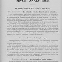 0173 - Page 172 - Revue analytique. La stomatologie soviétique 1936. Prof. Loukomsky. — Les méthodes actuelles d'anesthésie de la dentine / J. Gutner. — Questions de biologie pulpaire / Tchoutko et Kaminir. — Névrite nasale d'origine dentaire