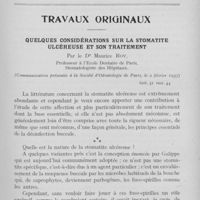 0210 - Page sans numérotation - Travaux originaux. Quelques considérations sur la stomatite ulcéreuse et son traitement par le Dr Maurice Roy