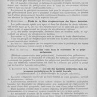 0312 - Page 309 - Revue analytique. La stomatologie soviétique, 1936 par L. Blanc. E. Voronine et E. Rosenfeld — Réaction de précipitation dans les infections chroniques d'origine dentaire / E. Rosenfeld. — Étude de la flore streptococcique des foyers dentaires / Prof. D. Entine — Nouvelles voies dans le traitement de la pulpe enflammée / A. Levinson et E. Askinazi. — Du rôle des bactéries acidophiles dans les processus pathologiques de la cavité buccale