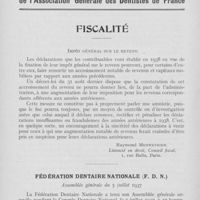 0617 - Page sans numérotation - Bulletin de l'Association Générale des Dentistes de France. Fiscalité / Fédération dentaire nationale. Assemblée générale du 5 juillet 1937