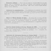 0629 - Page 624 - Nouvelles. Légion d'honneur / Promotion militaire / Cérémonie de commémoration / Musée de l’école Dentaire de Paris / American Dental Society of Europe (Réunion de 1938) / Association de Chirurgiens-Dentistes de Pelotas (Brésil) / Mariages